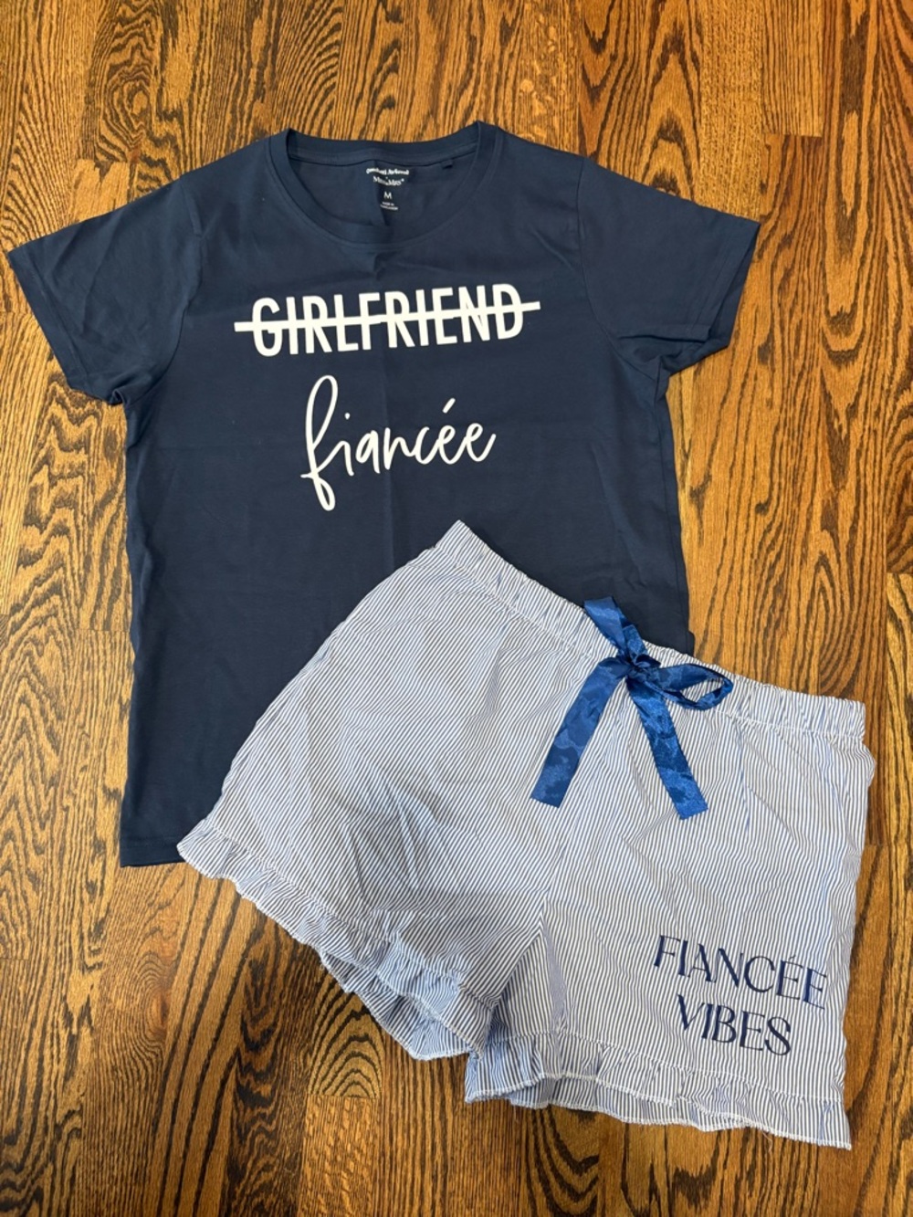 Fiancée Vibes Navy Tee & Striped Cotton Shorts Pajama Set